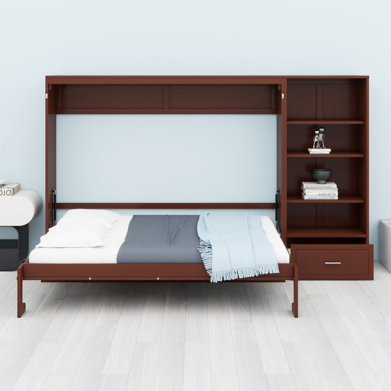 Lit escamotable avec compartiments de rangement et tablette réglables en hauteur, cadre de lit mural avec 1 tiroir, lit plateforme pliable multifonctionnel