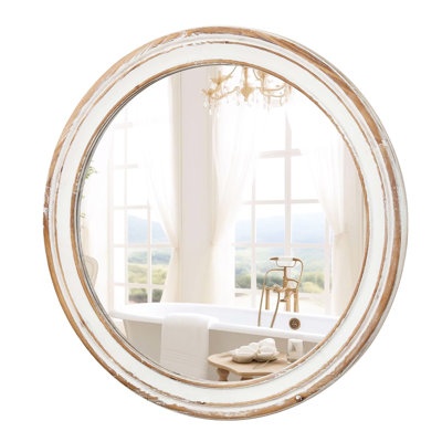 23.21 Inches Circle Mirror For , Living Area. Wooden Look With Whitewash Edge. Reflection. Easy To Mount Round Bathroom, . Edge Mirror. Clear Installation And Maintenance