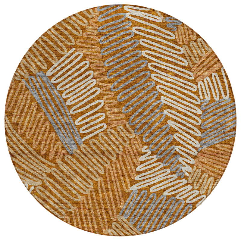 Tapis d'intérieur rond lavable floral orange 8 pi beige et gris