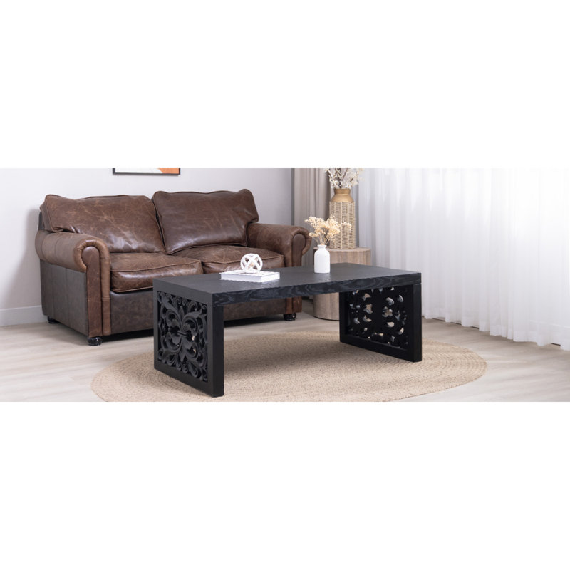 Table basse 47,2 "en bois massif sculpté - aspect fabriqué à la main avec panneaux latéraux ornés, Noir