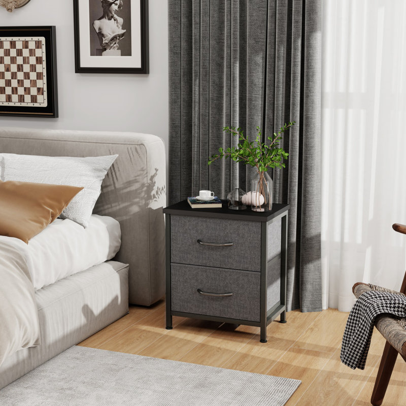 2-Drawer Wood and Fabric Nightstand with Open Shelf, Gray, 2