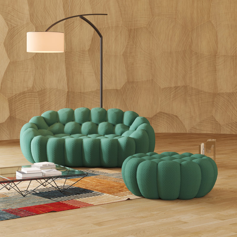  Kayi 79.53" Upholstered Loveseat Pumpkin-shaped Compression Sofa With Ottoman, No Assembly Required, Green