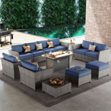 Cassville 8 - Person Patio Furniture Set, Outdoor Wicker Rattan Sectional Seating Group with Cushions, All Weather Sofa Conversation Set with Optional Fire Pit Table for Garden Backyard