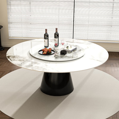 Table de salle à manger ronde en marbre 59 po, table de salle à manger en pierre frittée avec base conique en acier inoxydable, table de salle à manger robuste pour la salle à manger de cuisine pour 6 à 8 personnes
