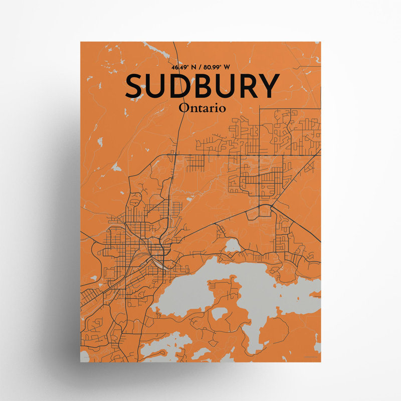 Sudbury City Map, impression, H 24 po x l 18 po, Orange / gris