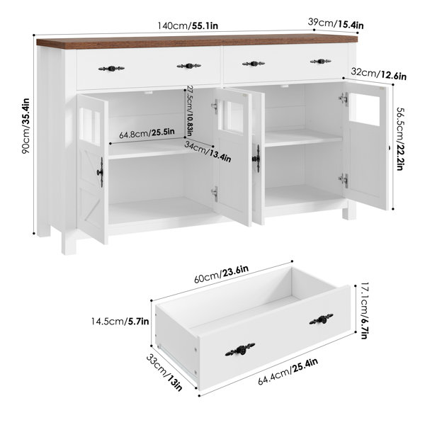 Almus 55'' Sideboard with 4 Glass Doors, 2 Large Drawers and 
Adjustable Shelves, White/Brown