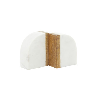 Serre-livres à arche géométrique en marbre blanc avec décorations en bois, ensemble de 2