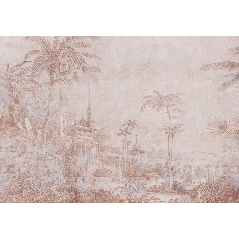 Papier peint botanique - Paysage avec temple, L 41 po x l 59 po