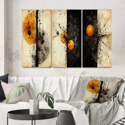 " Harmony Circular Abstract Orange White Black I " 3 - Pieces on Canvas