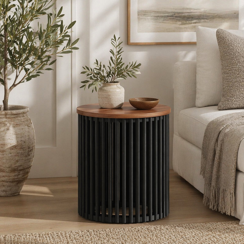 Table d'appoint ronde en placage d'acacia, table d'appoint en grain naturel fini à la main avec base en bois massif minimaliste, table de bout compacte pour canapé avec fauteuil