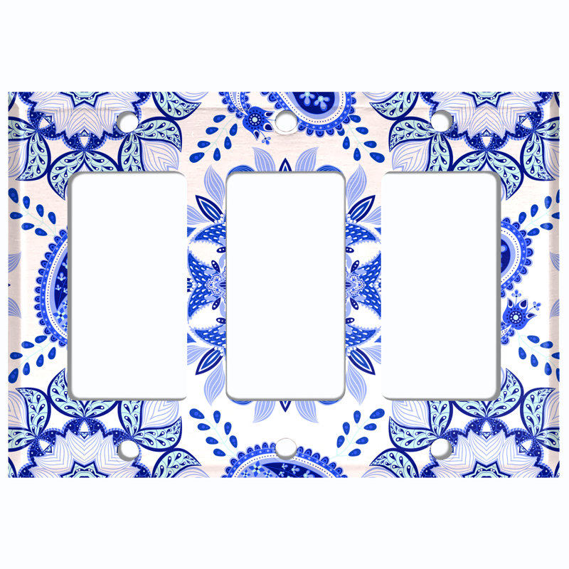 Plaque murale à 3 interrupteurs à bascule mauve et blanc Mandala, Bleu