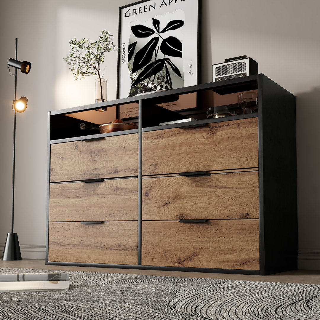 Sideboard Cabinet Dresser With 6 Drawers And 2 Open Shelves, 120 X 40 X 80 Cm, Oak