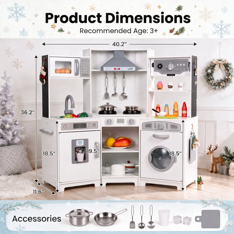 Multi-Function Kids Kitchen, Wooden Pretend Playset with Washing Machine, Realistic Range Hood, Ice Maker & Ample Storage for Endless Role Play(white)