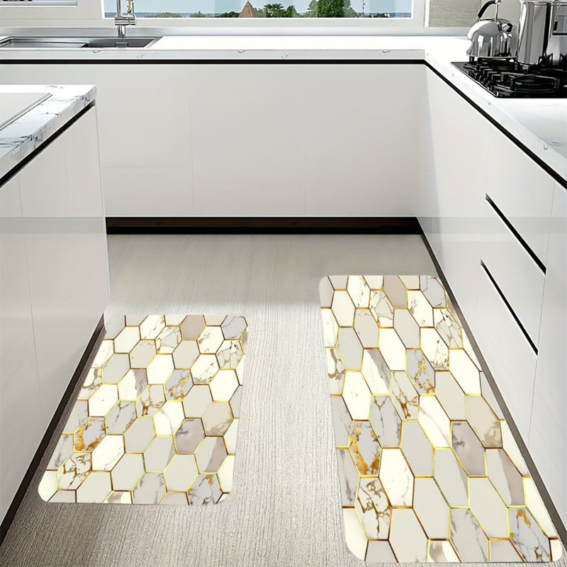 Tapis de cuisine antidérapant à motif hexagonal en marbre, 2 pièces