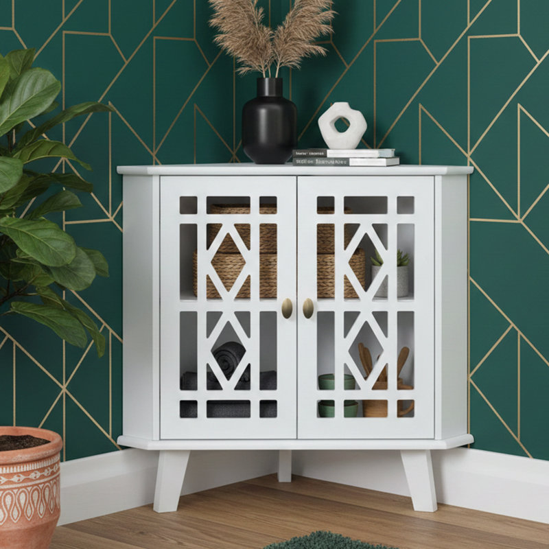 32" Wide Triangle Corner Storage Cabinet With 2 Carved Doors And Adjustable Shelf - Black, White