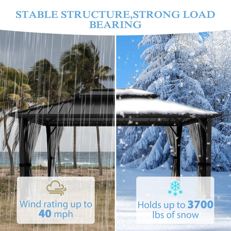 Hardtop Double-Roofed Aluminum Patio Gazebo Multiple Sizes, 14' W x 12' D