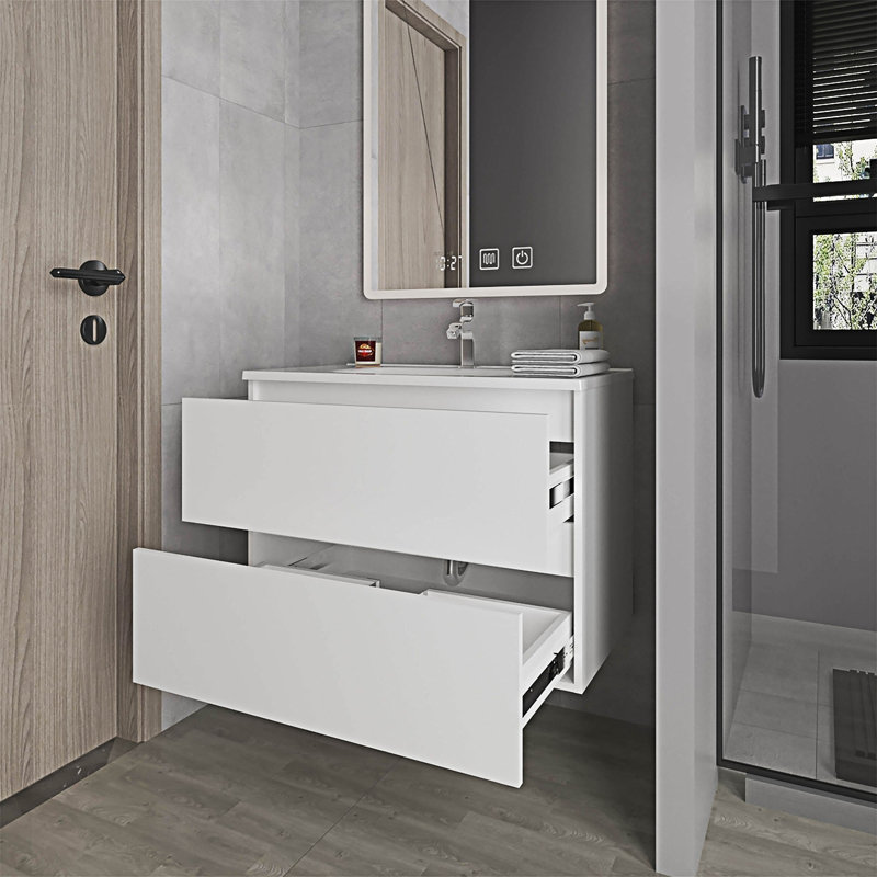 Meuble-lavabo flottant avec deux tiroirs et lavabo, Blanc