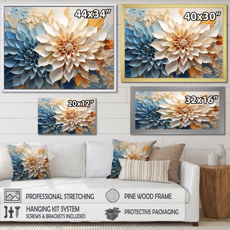 Simple dahlia beige et bleu simple sur toile, H 24 po x l 32 po x P 1 po, Cadre simple noir