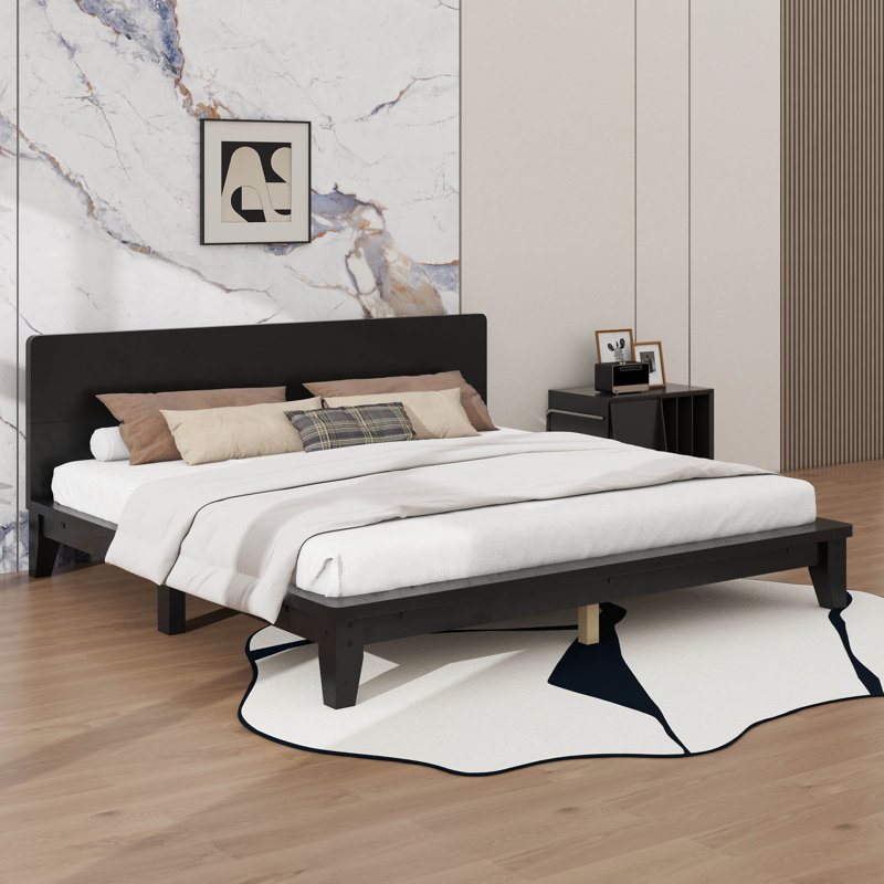 Base de lit plateforme avec tête de lit haute, support à lattes de bois, aucun sommier requis, Grand lit, Noir