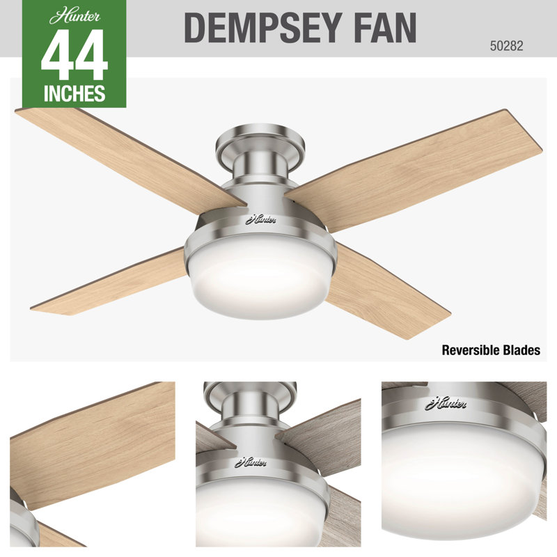 Dempsey Low Profile 44" 4 - Blade Indoor Flush Mount Small Room Ceiling Fan with Lights and Remote, Light Gray/Natural Oak
