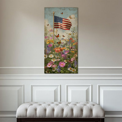  Coastal Beach Wall Art, American Flag Canvas Wall Decor, Ocean Waves Painting Vintage American Flagpole Pictures, Patriotic Wall Art Decor, Flag Poster Print for 4th of July Decoration 24x48 In