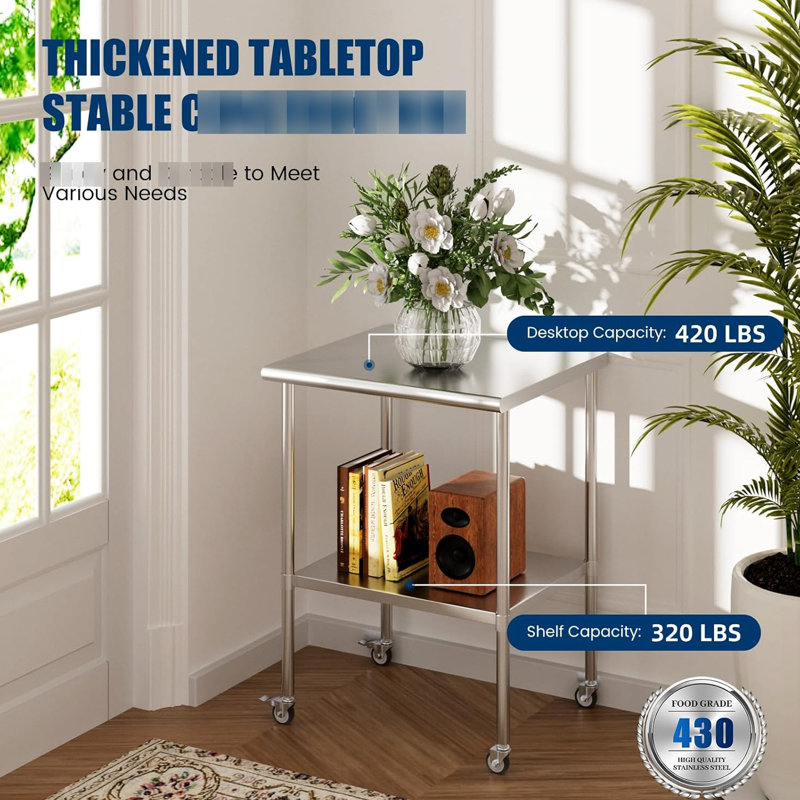 Table en acier inoxydable de 24 po x 30 po avec tablettes et roulettes réglables, pour la cuisine commerciale, le garage, pouvant supporter un restaurant d'hôtel de 480 lb, 380 par tablette inférieure