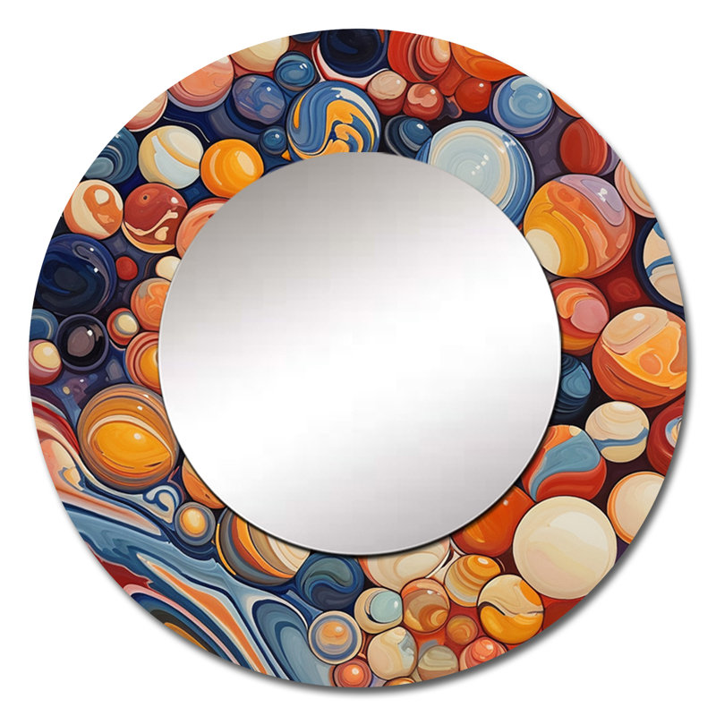 Mystical Marbles I - Abstract Shapes Mirror, Orange Round Decorative Wall Mirror, Printed Metal Art, 23" x 23"