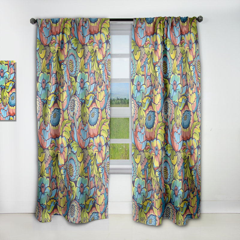 Rideau simple occultant avec motif floral étonnant et coloré, L 52 po x L 120 po