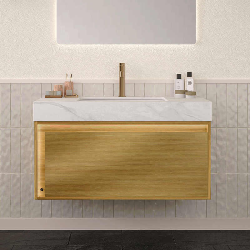 Comptoir en pierre frittée de 91 cm (36 po) avec lavabo encastré en céramique blanche, sans robinetterie ni meuble, blanc Carrara