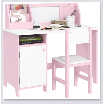 Qaba Toddler Desk and Chair Set, Kids Writing Desk Study Table for Children with Whiteboard, Storage Cabinet, Child Furniture, Art Gifts for Kids
