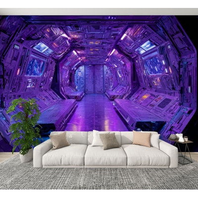 Papier peint adhésif pelez et collez Futuristic Spacecraft Cockpit Neon Ambient Lighting, murales, papier peint amovible en PVC, H 100 po x l 144 po, pour salon, chambre, bureau à domicile