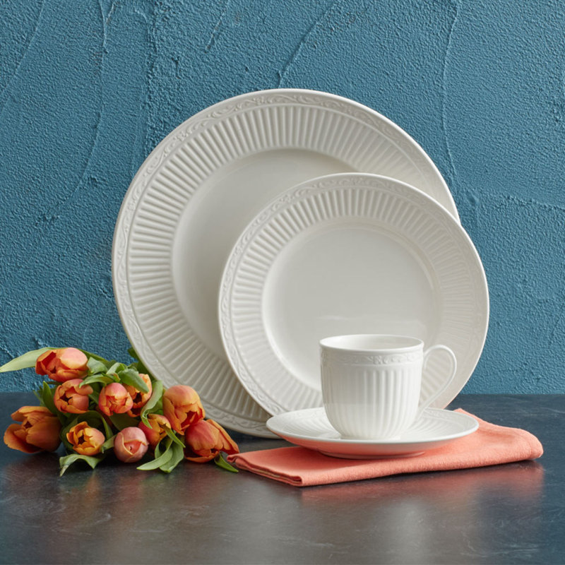 White Porcelain Ridged 40-Piece Dinnerware Set, Service for 8