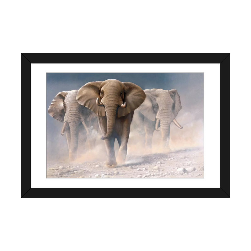 «Run Elephants I», impression sur toile, Papier d'art encadré noir, Blanc, H 16 po x l 24 po x P 1 po