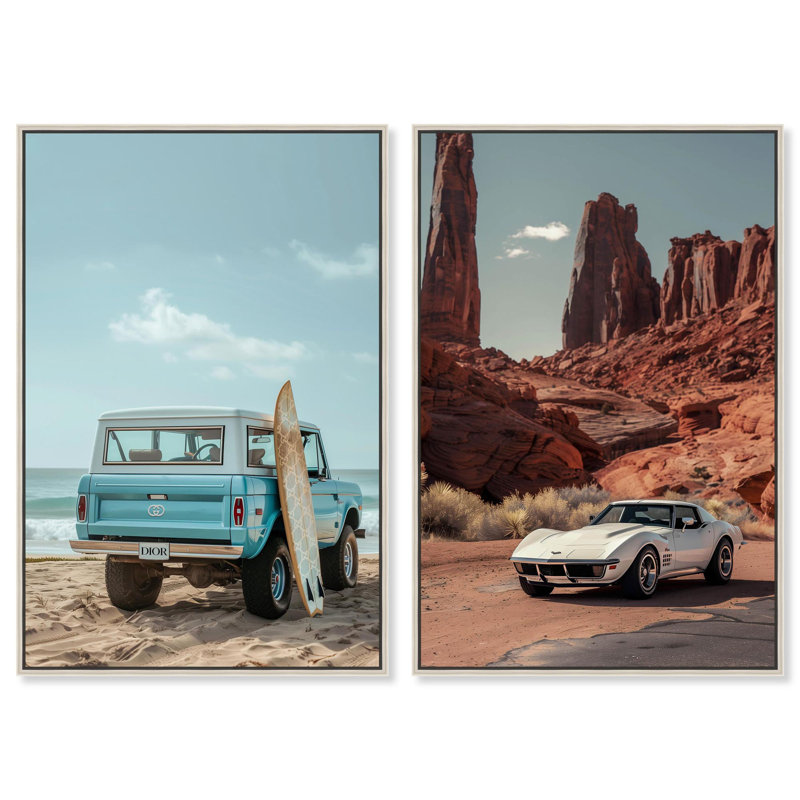 Classic Cars Travel Set, reproduction sur toile par , H 54 po x l 36 po, Encadrement argenté