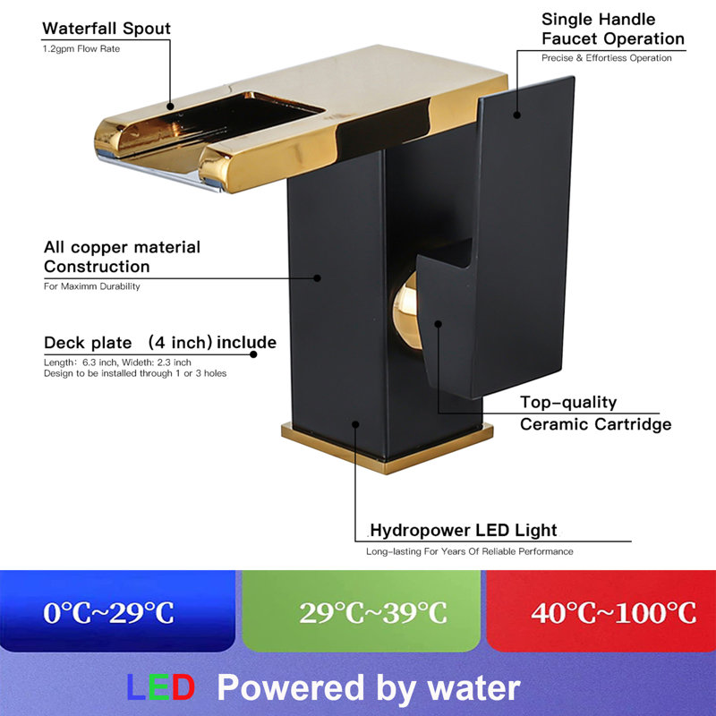 LED 3 Colors Changing Bathroom Waterfall Faucet Vanity Sink Faucet One Hole Single Handle With Drain, Gold/Matte Black