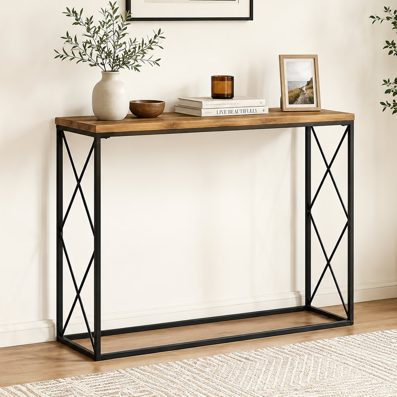 Industrial Wood Console Table 40" Slim Sofa Table With 0.8" Thick Textured Top