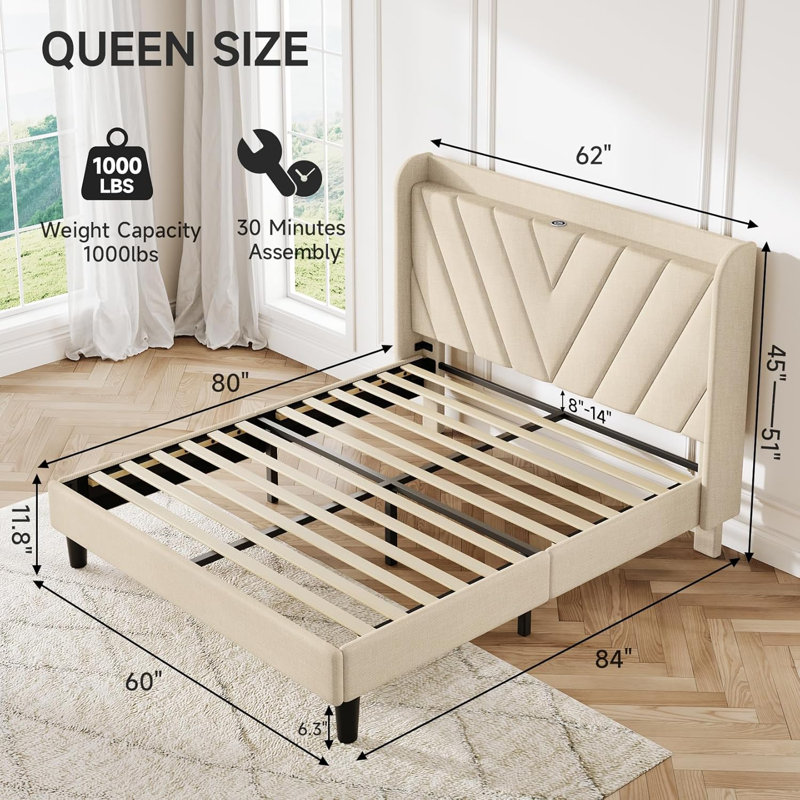  Lit plateforme tapissier avec tête de lit ajustable (charge intégrée, aucun sommier requis), Grand lit, Beige