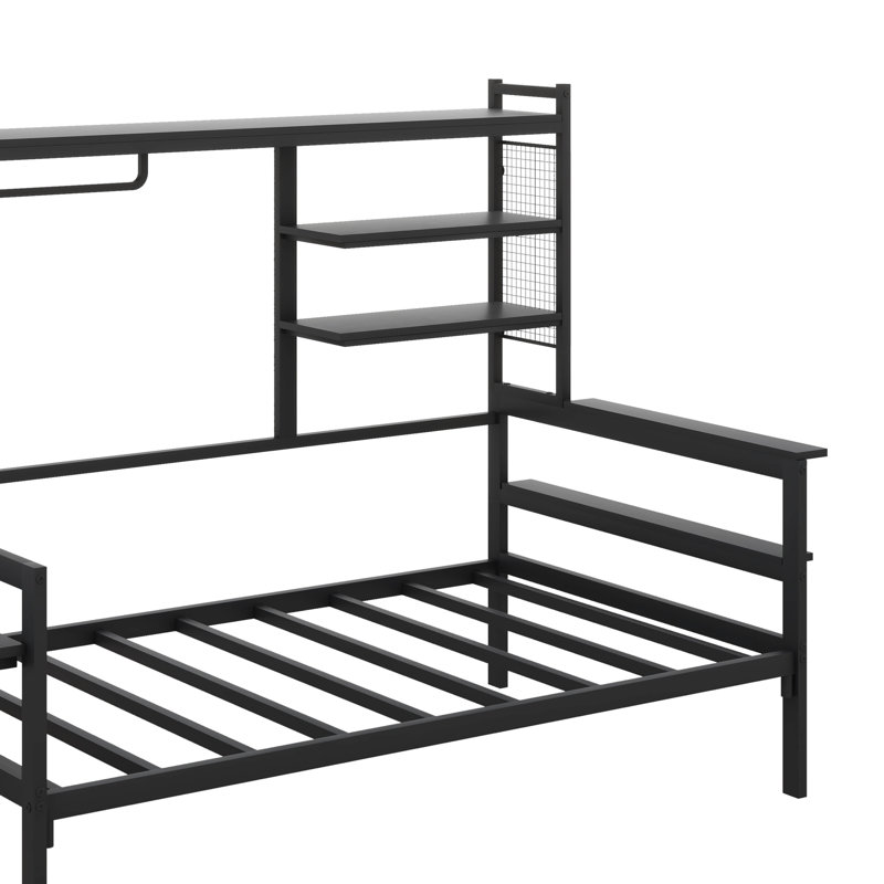 Lit de jour multifonctionnel en métal avec bureau réglable, grille robuste, tablettes fonctionnelles et support pratique