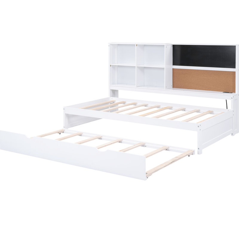 Lit de jour simple blanc avec tablettes de rangement, tableau noir, panneau de liège et ports - gigogne en bois robuste
