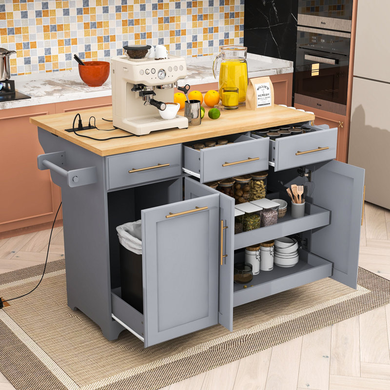 Rolling Kitchen Island with Drop Leaf, Pull-Out Organizers, Charging Ports and Trash Can Cabinet, Gray Blue