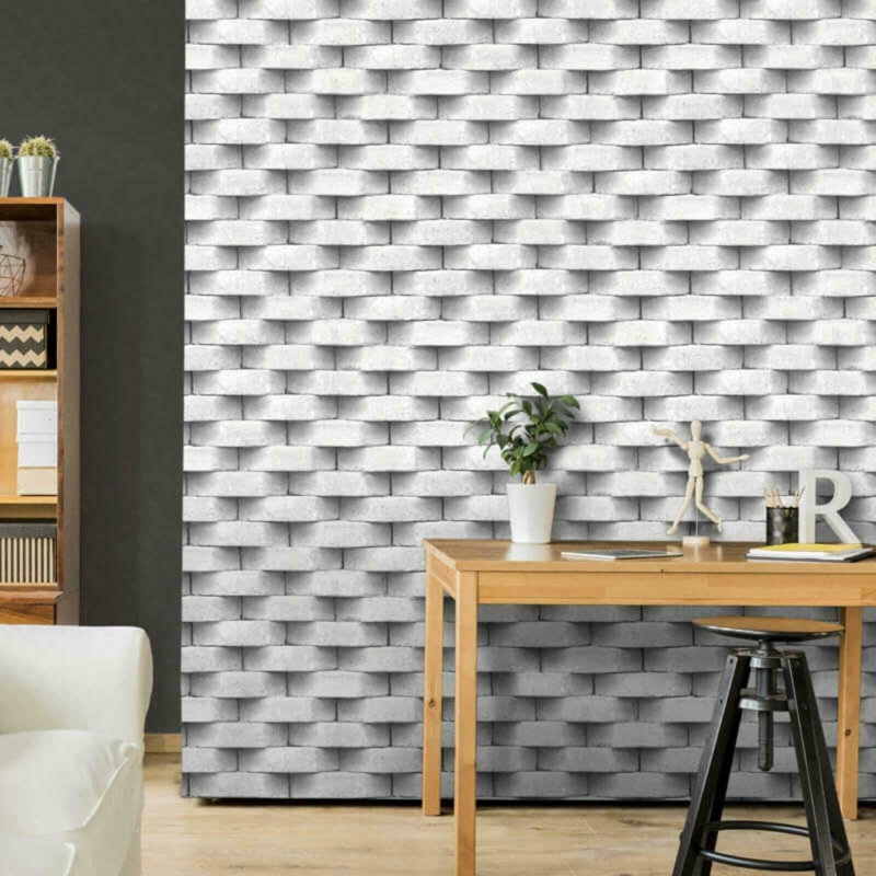 White Light Grey 3D Effect Realistic Rustic Brick Feature Textured Wallpaper