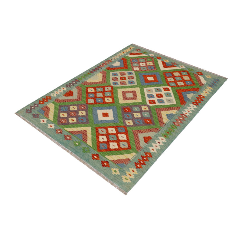 Tapis vert / rouge / beige à motif géométrique en laine tissé à plat 3 pi 4 po x 4 pi 10 po Pauletta