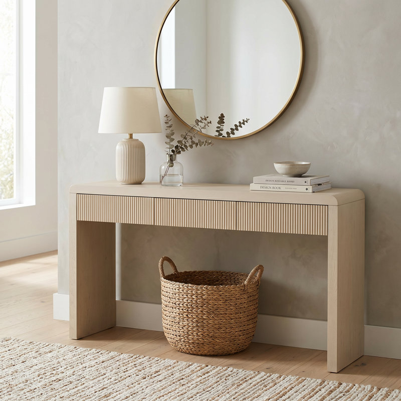 Console rustique avec 3 tiroirs cannelés, table d'entrée en placage de bois massif avec pieds réglables, table d'appoint de couloir résistante aux égratignures en abricot