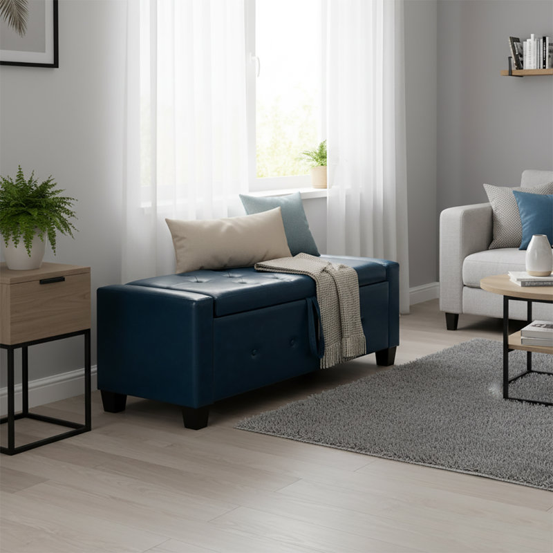 Banc de rangement rembourré en similicuir, Bleu
