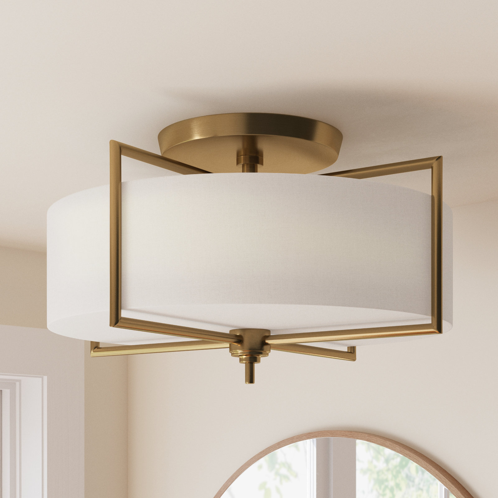Fabric Semi Flush Mount, 11.88" H x 20" W x 20" D, Burnished Brass