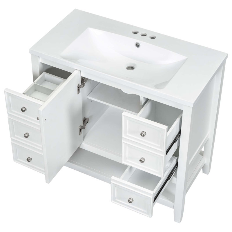 Meuble-lavabo en bois massif et panneau de fibres à densité moyenne 36 po avec lavabo, une armoire et trois tiroirs, Blanc