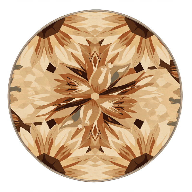 Tapis brun / beige à motif géométrique moelleux et doux, Rond 4 pi