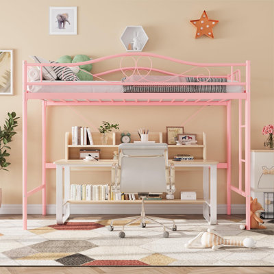 Twin Loft Bed with Ladder & Guardrail, Heavy-Duty Metal Frame 400LB Capacity, Pink