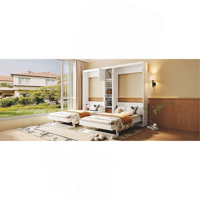 Lits escamotables à double paroi avec armoires et tablettes, Blanc
