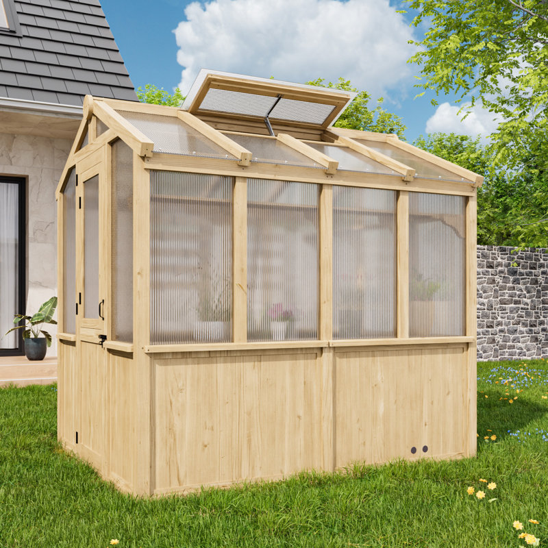 Natural Cedar and Polycarbonate Walk-In Greenhouse with Roof Vent